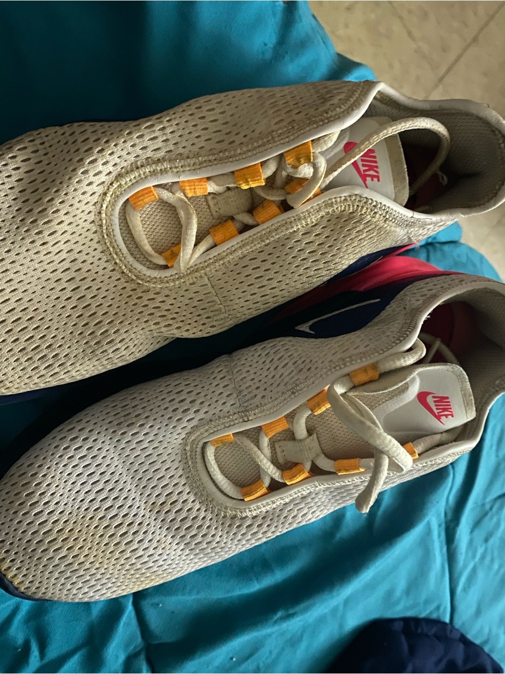 Nike Kids Beige Mesh Sneakers with Pink and Yellow Accents